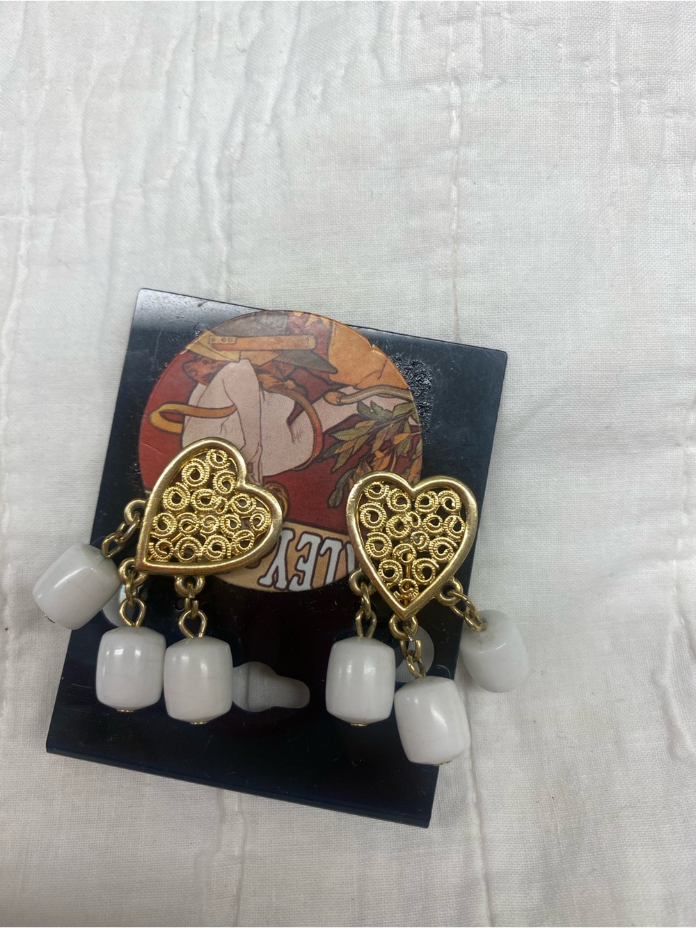 Vintage 70s - clip on - Gold Heart Drop Earrings with White Bead Charms